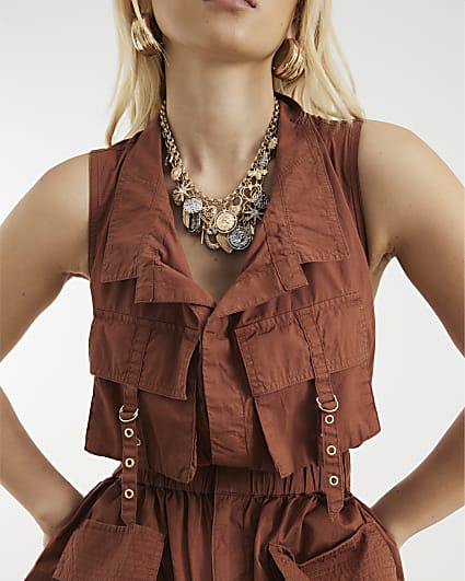 Gold Mixed Metal Multi Row Charm Necklace
