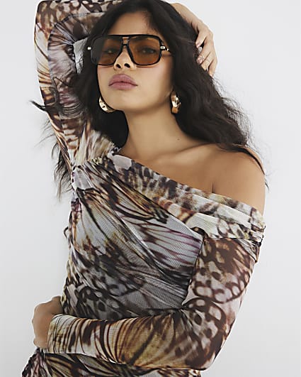 Brown Mesh Butterfly Print Midi Dress