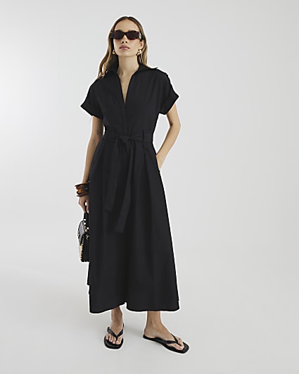 Black Short Sleeve Midi Shirt Dress