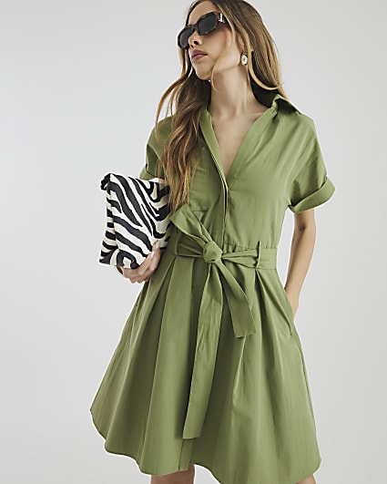 Khaki Short Sleeve Mini Shirt Dress
