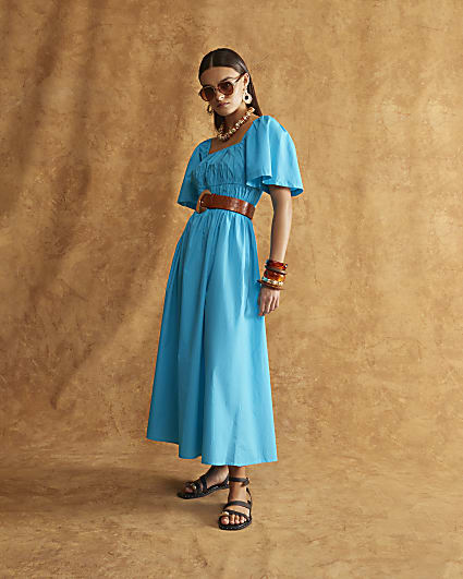 Blue Short Sleeve Shirred Midi Dress