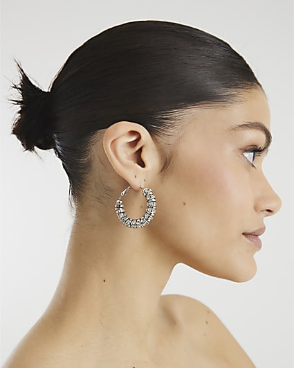 Silver Metal Beaded Hoop Earrings