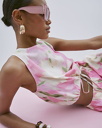 Pink Floral Sleeveless Bubble Hem Tank Top