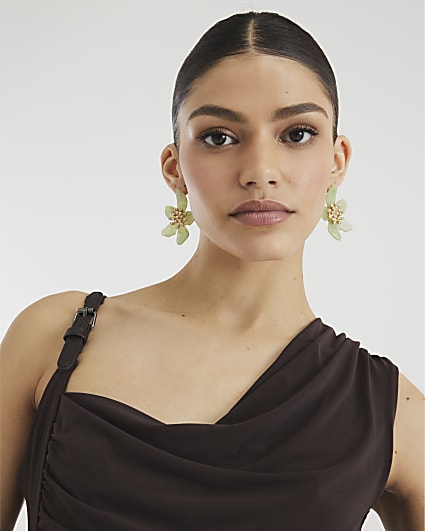 Green Crystal Flower Stud Earrings