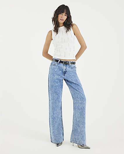 Blue Belted Relaxed Straight Leg Jeans