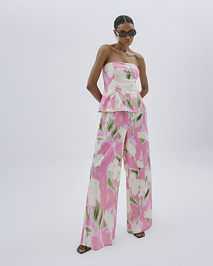 Pink Linen Blend Floral Print Jumpsuit