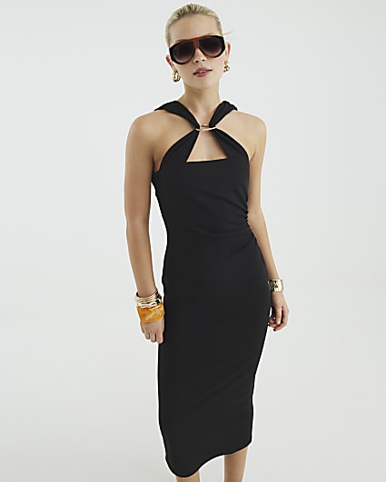 Black Ring Detail Halter Neck Midi Dress