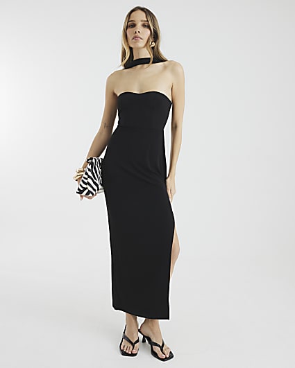 Black Bandeau Necktie Midi Dress
