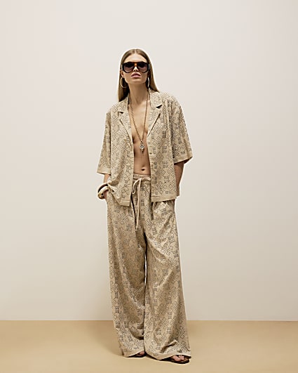 Beige Stud Embellished Wide Leg Trousers