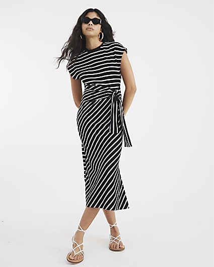 Black Stripe Knot Side Midi Dress