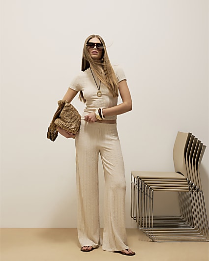 Cream Textured Wide Leg Trousers