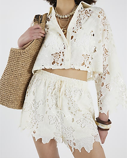 Cream Cutwork Sequin Shorts