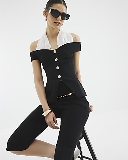 Black Sleeveless Shell Button Top