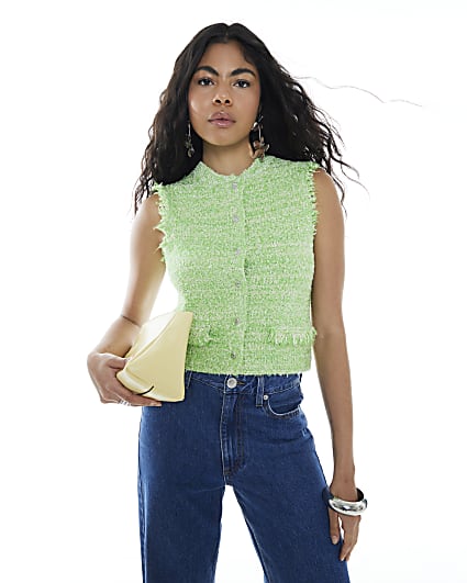 Green Boucle Fringed Waistcoat
