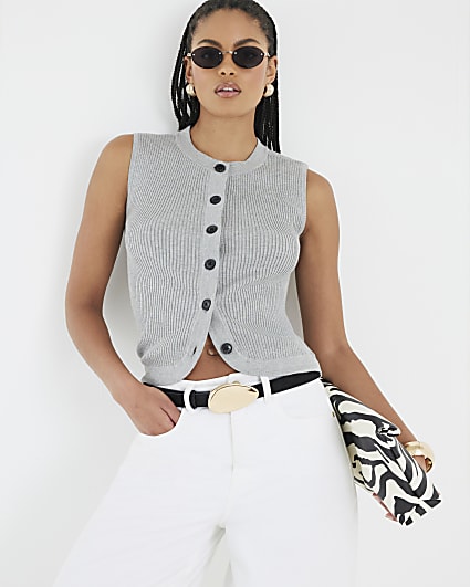 Grey Knitted Curved Hem Ribbed Top