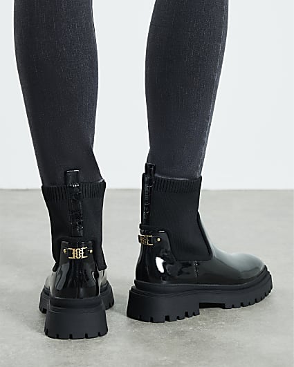 Black Knit Chunky Ankle Boots