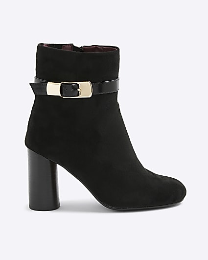 Black Faux Suede Block Heel Buckle Boots