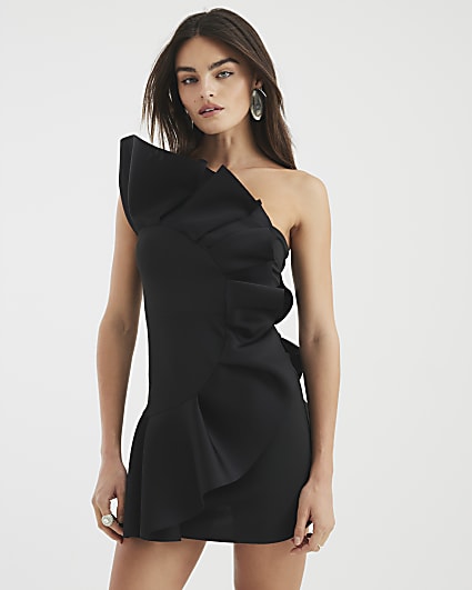 Black Sleeveless Scuba Ruffle Mini Dress