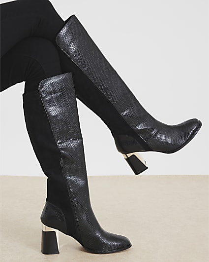 Black Metal Heel Knee High Boots