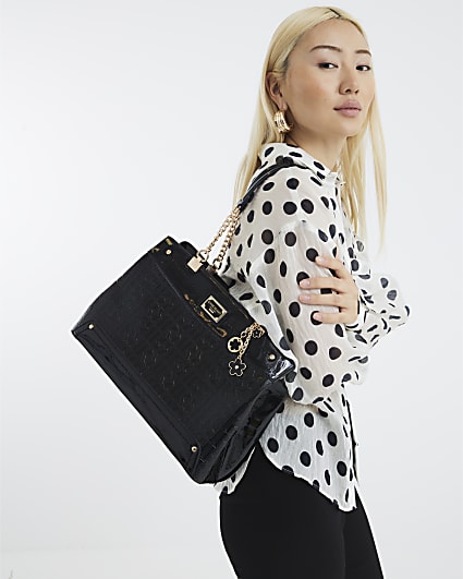 Black Chain Handle Embossed Tote Bag