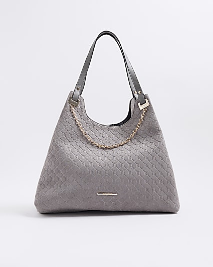 Grey Embossed Chain Front Shoulder Bag
