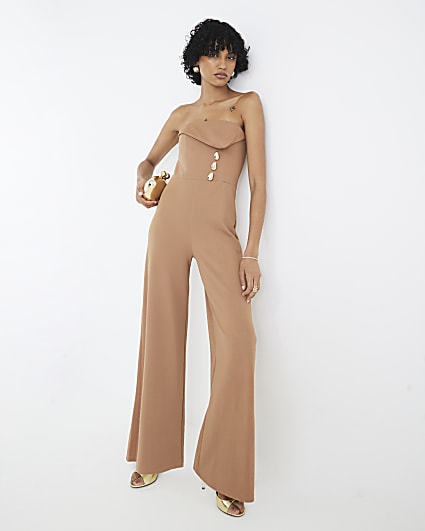 Beige Sleeveless Bandeau Gold Detail Jumpsuit
