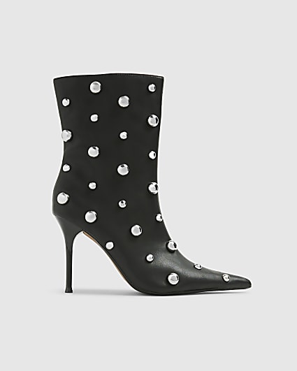 Black Studded Heeled Ankle Boots