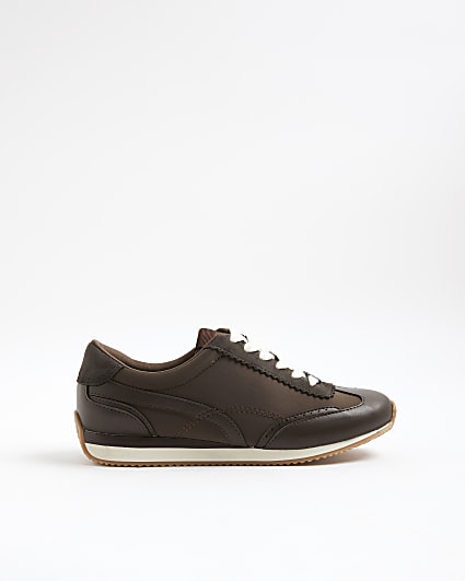 Brown Faux Leather Retro Trainers