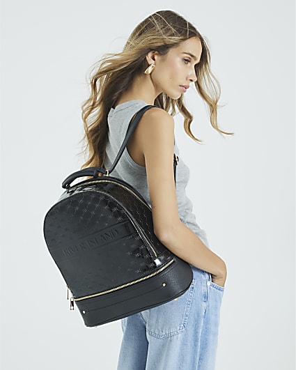 Black Patent Embossed Monogram Print Backpack