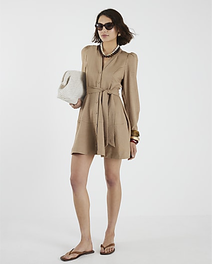 Beige Tie Front Mini Shirt Dress