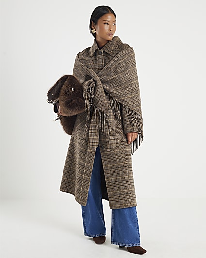 Petite Brown Wool Blend Check Trench Coat