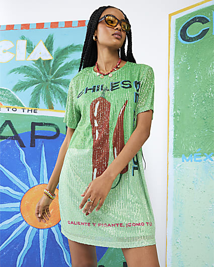 Green Atlas Short Sleeve Chilli Sequin Dress