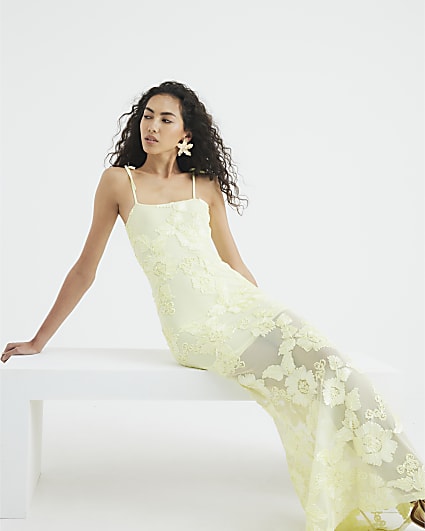 Yellow Floral Mesh Midi Dress