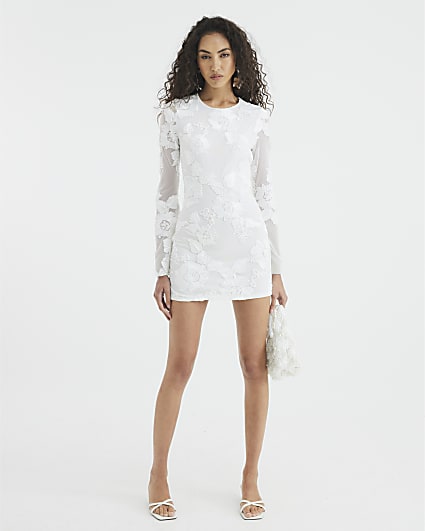 White Long Sleeve Floral Mesh Mini Dress
