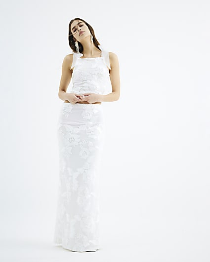 White Floral Mesh Flared Maxi Skirt