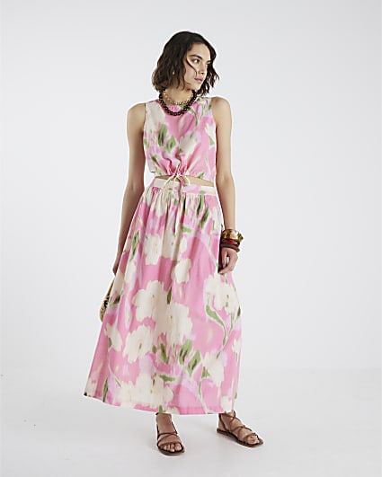 Pink Linen Blend Floral Print Midi Skirt