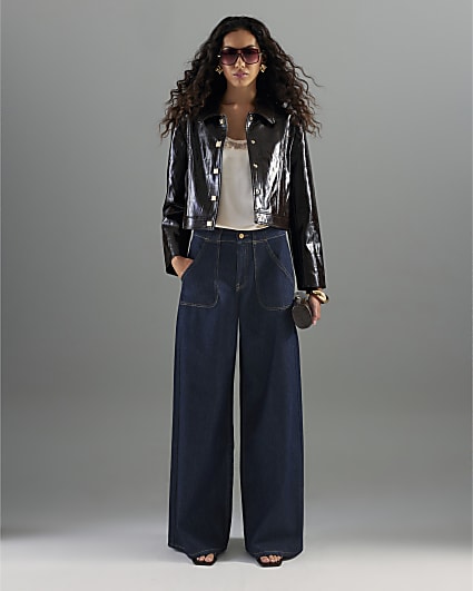 Indigo Mid Rise Tailored Baggy Wide Leg Jeans