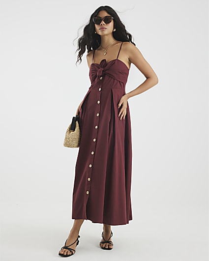 Purple Bow Detail Button Up Midi Dress