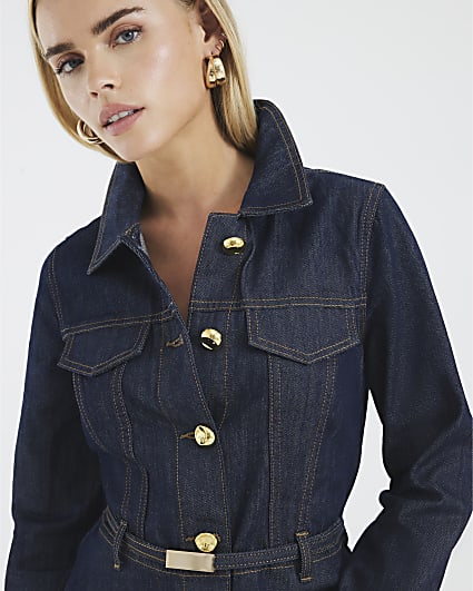 Petite Blue Denim Belted Peplum Jacket