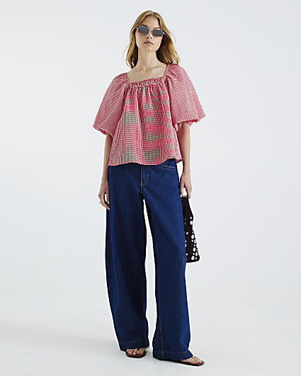 Red Gingham Short Puff Sleeve Tie Detail Top