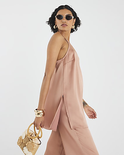Brown Halter Neck Satin Cami Top