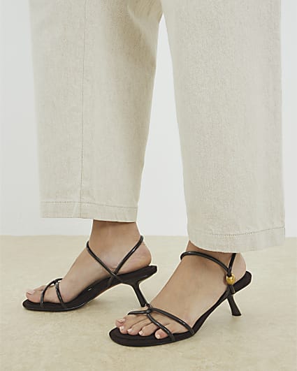 Brown Strappy Gold Trim Slanted Heel Sandals