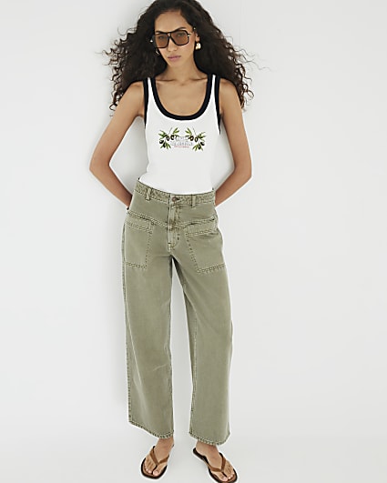 Khaki High Rise Pocket Front Barrel Jeans