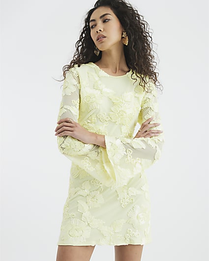 Yellow Long Sleeve Floral Mesh Mini Dress