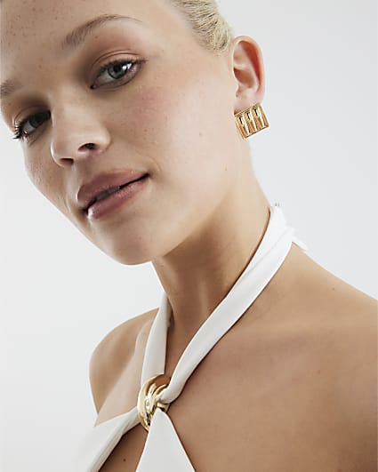 Gold Square Textured Stud Earrings