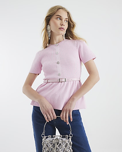 Pink Knit Short Sleeve Belted Top