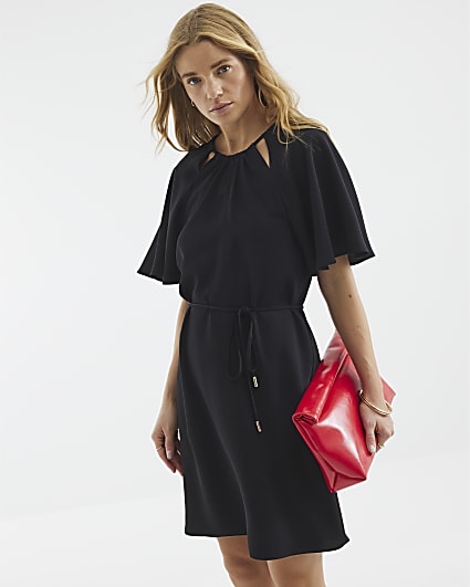 Black Angel Sleeve Belted Mini Dress