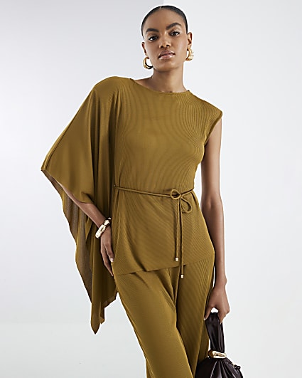 Green Short Sleeve Cape Ribbed Belted Top