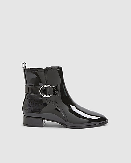 Black Patent Low Block Heel Buckle Boots