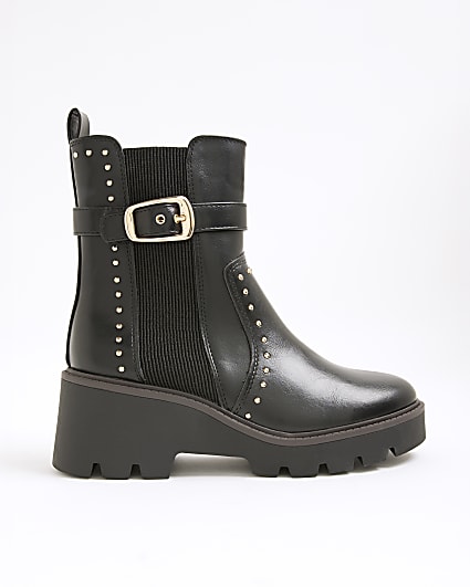 Black Wide Fit Studded Buckle Wedge Boots